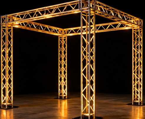 Concept rendering of a gold-lit freestanding box truss structure
